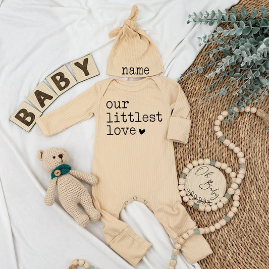 Personalized Our Littlest Love Baby Bodysuit and Hat Set Gender Neutral Pregnancy Announcement Going Home Outfit Gift