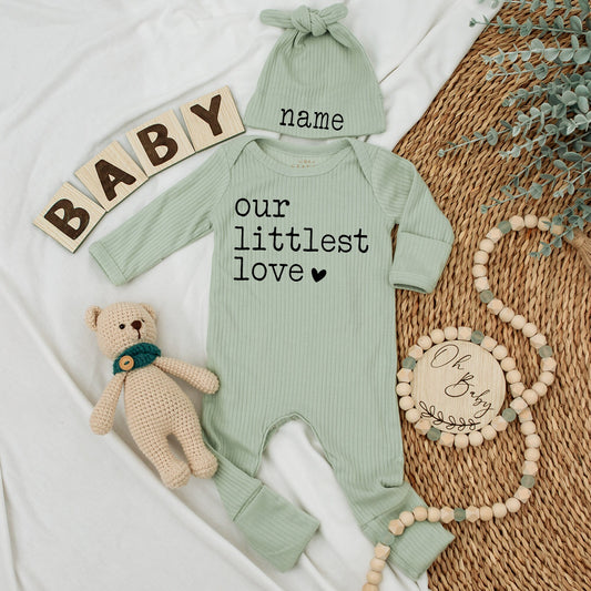 Personalized Our Littlest Love Baby Bodysuit and Hat Set Gender Neutral Pregnancy Announcement Going Home Outfit Gift