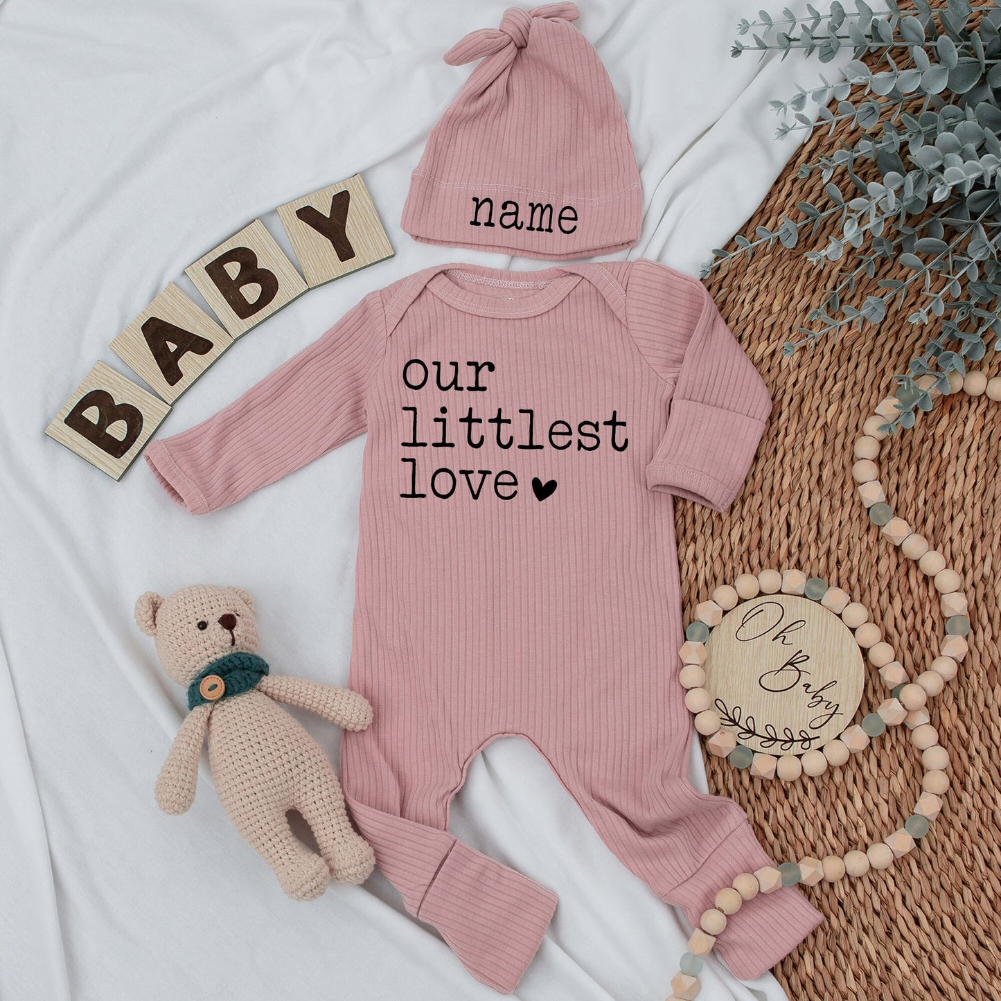 Personalized Our Littlest Love Baby Bodysuit and Hat Set Gender Neutral Pregnancy Announcement Going Home Outfit Gift