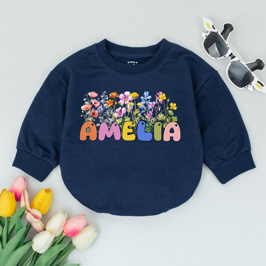 Little Wildflower Boho Floral Name Bubble Romper Vintage Baby Shower Gift Newborn Coming Home Outfit