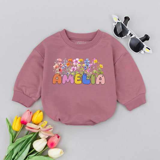 Little Wildflower Boho Floral Name Bubble Romper Vintage Baby Shower Gift Newborn Coming Home Outfit
