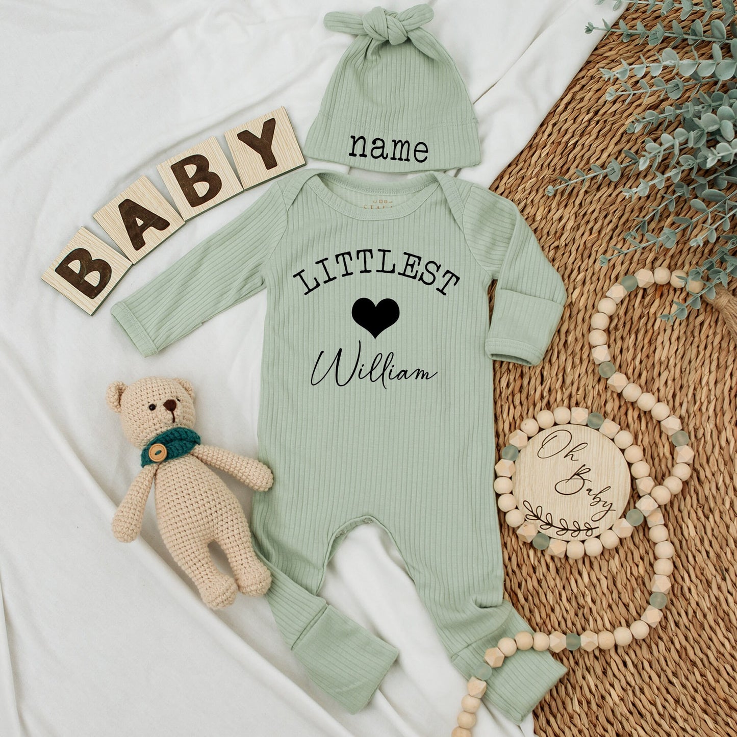 Personalized Name Baby Bodysuit and Hat Set Cute Going Home Outfit Natural Pregnancy Reveal Gift So Loved