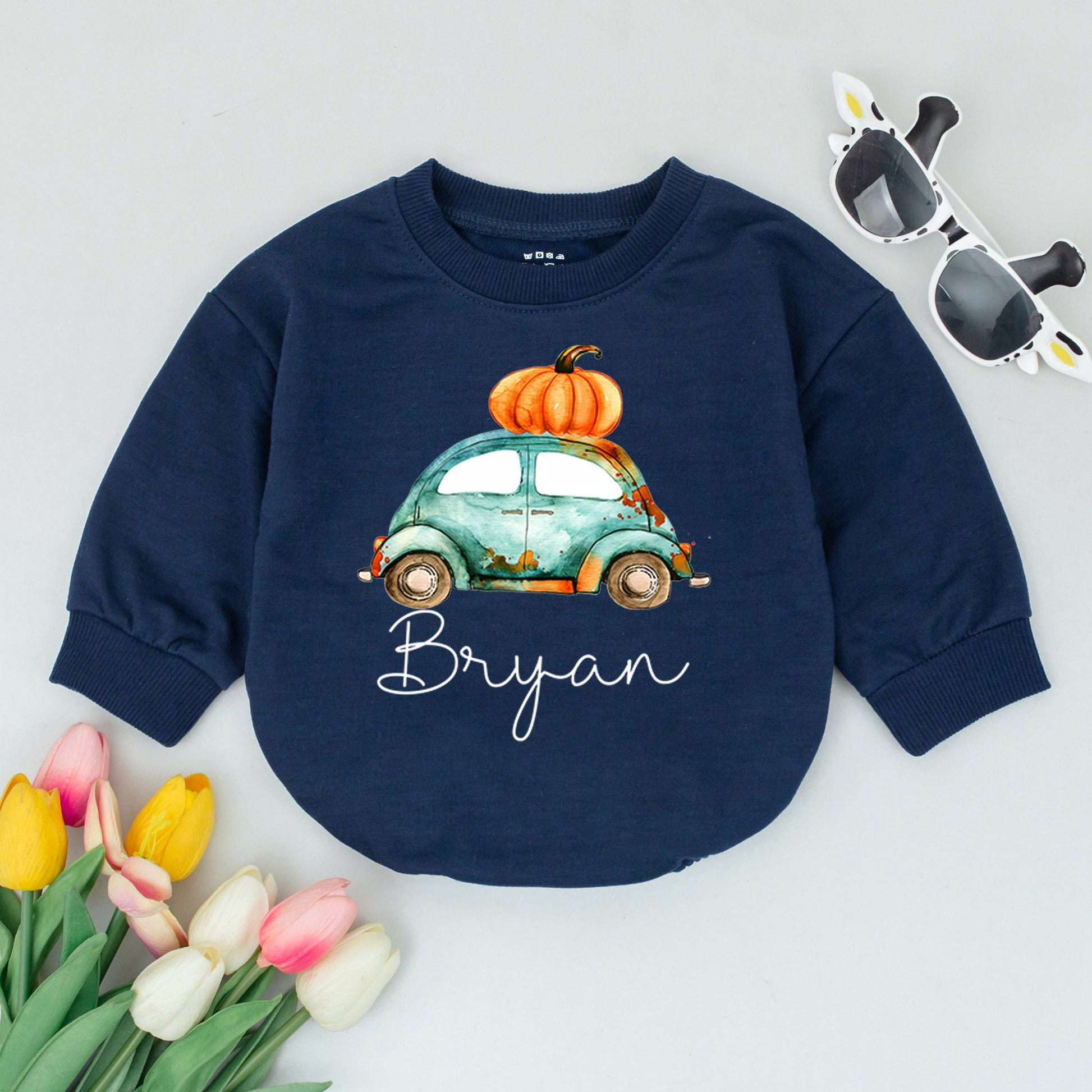 Personalized Boho Boy's Fall Tractor Romper, Watercolor Pumpkin Truck Baby Shower Gift, Newborn Boy Clothes, Cute Fall Outfit