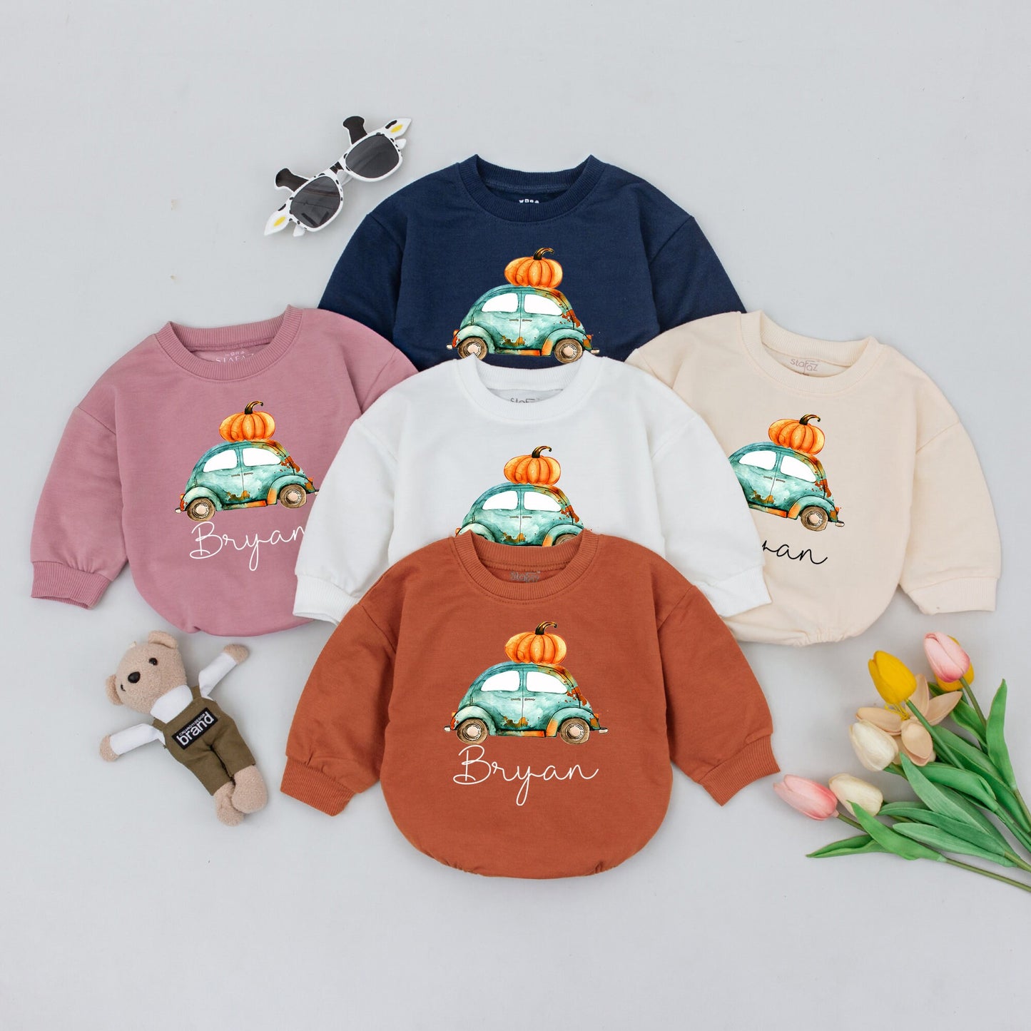 Personalized Boho Boy's Fall Tractor Romper, Watercolor Pumpkin Truck Baby Shower Gift, Newborn Boy Clothes, Cute Fall Outfit