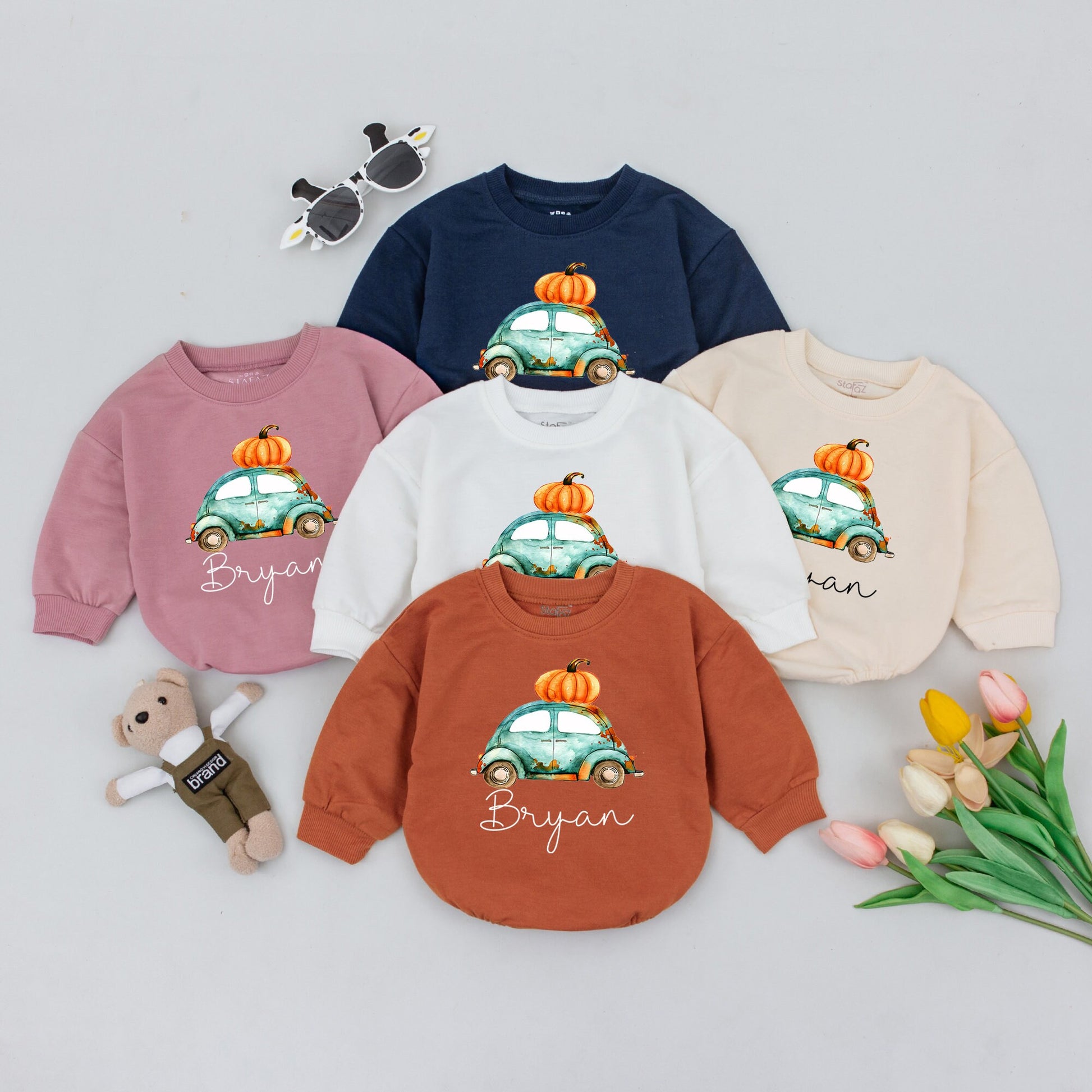Personalized Boho Boy's Fall Tractor Romper, Watercolor Pumpkin Truck Baby Shower Gift, Newborn Boy Clothes, Cute Fall Outfit