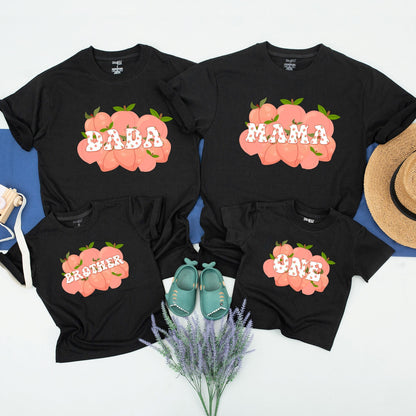 One Sweet Peach 1st Birthday Matching Family Shirts featuring puffy white polka dot letters like DADA MAMA BROTHER ONE Baby Girl Boy Outfit Cheerful Celebration