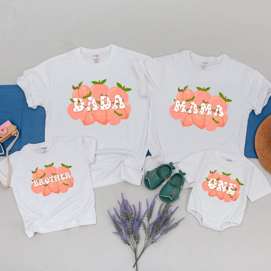 One Sweet Peach 1st Birthday Matching Family Shirts featuring puffy white polka dot letters like DADA MAMA BROTHER ONE Baby Girl Boy Outfit Cheerful Celebration
