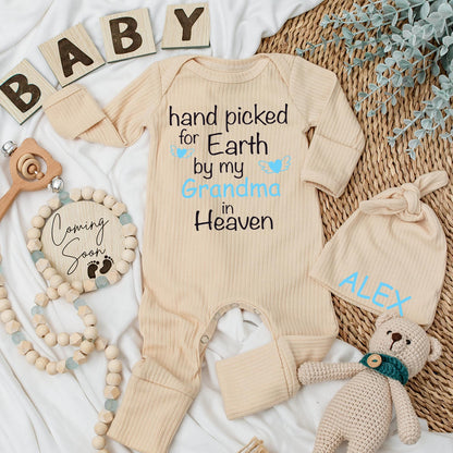 Hand Picked for Earth by My Grandma in Heaven Baby Bodysuit Sweet Sentimental Gift Soft Cotton Pregnancy Announcement Newborn Clothes Light Blue Heart Wings