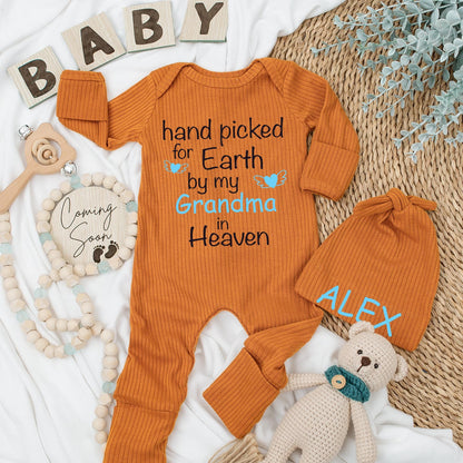 Hand Picked for Earth by My Grandma in Heaven Baby Bodysuit Sweet Sentimental Gift Soft Cotton Pregnancy Announcement Newborn Clothes Light Blue Heart Wings