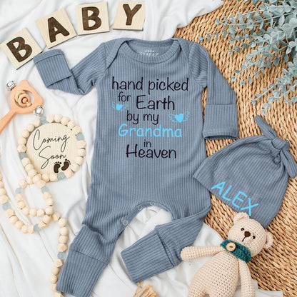 Hand Picked for Earth by My Grandma in Heaven Baby Bodysuit Sweet Sentimental Gift Soft Cotton Pregnancy Announcement Newborn Clothes Light Blue Heart Wings