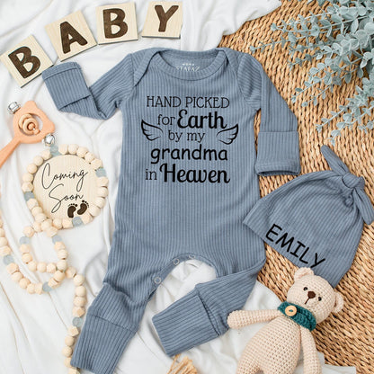 Personalized Hand Picked for Earth by Grandma in Heaven Baby Bodysuit Set with Custom Emily Name Cap Heartfelt Shower Gift Newborn Outfit