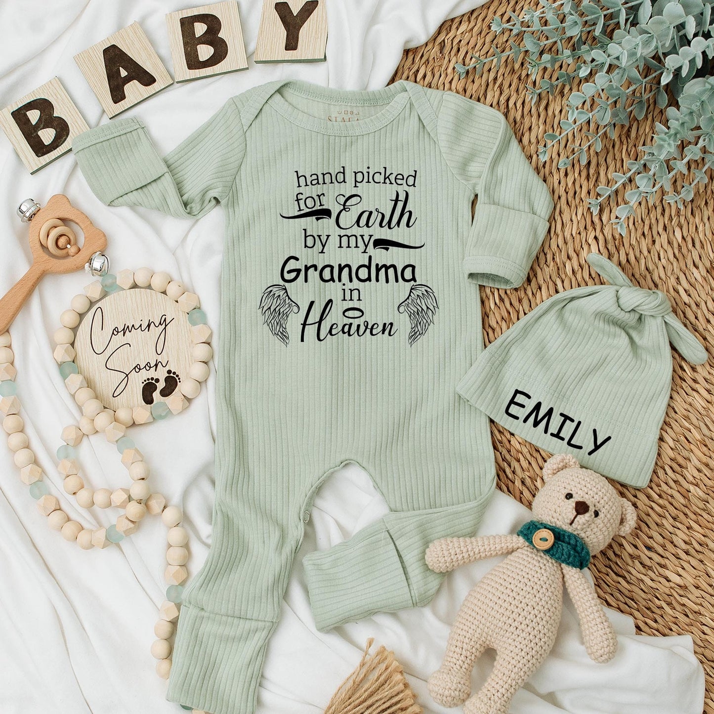 Sweet Sentimental Grandma in Heaven Hand Picked Baby Bodysuit Pregnancy Announcement Gift Newborn Baby Clothes Soft Cotton Angel Wings Design