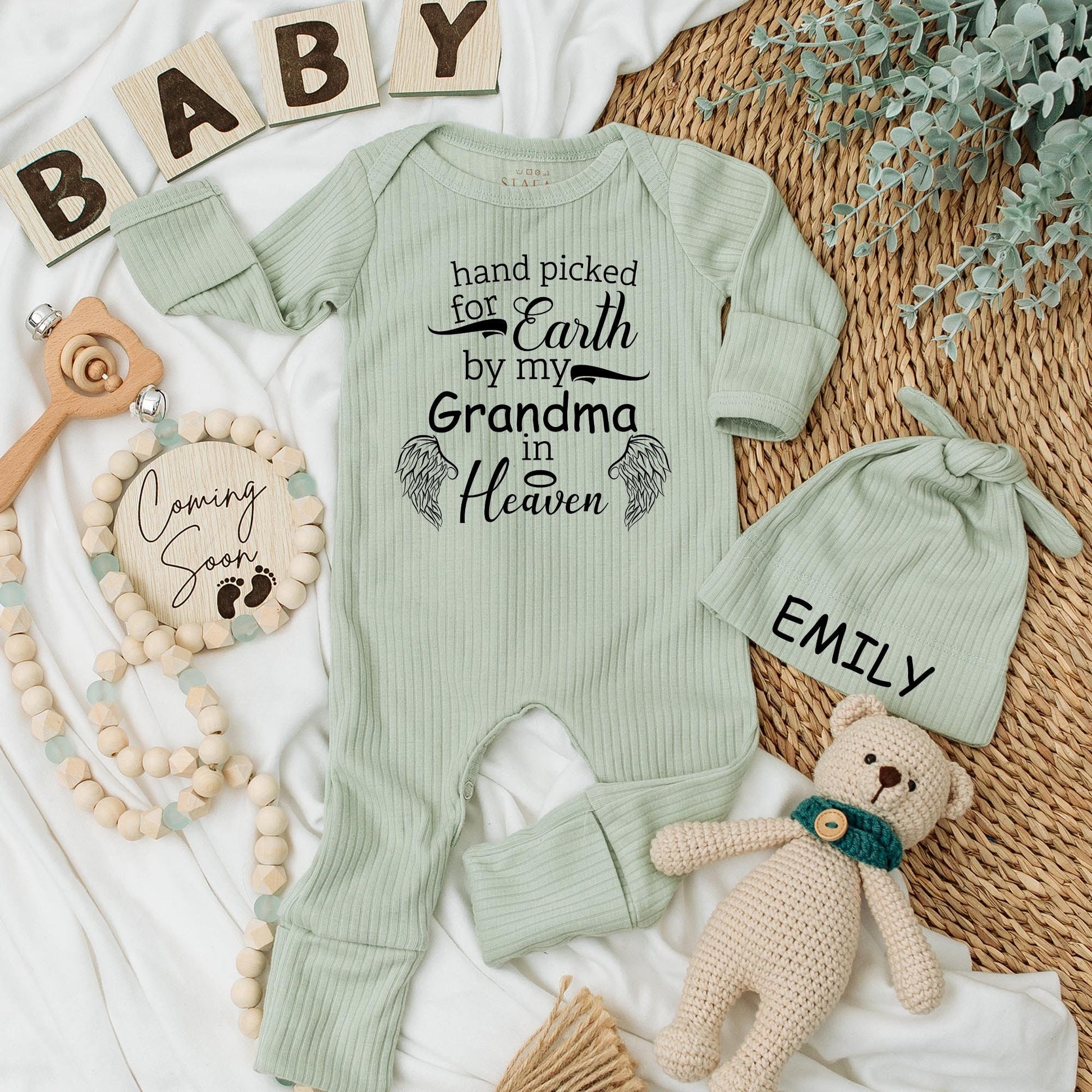 Sweet Sentimental Grandma in Heaven Hand Picked Baby Bodysuit Pregnancy Announcement Gift Newborn Baby Clothes Soft Cotton Angel Wings Design