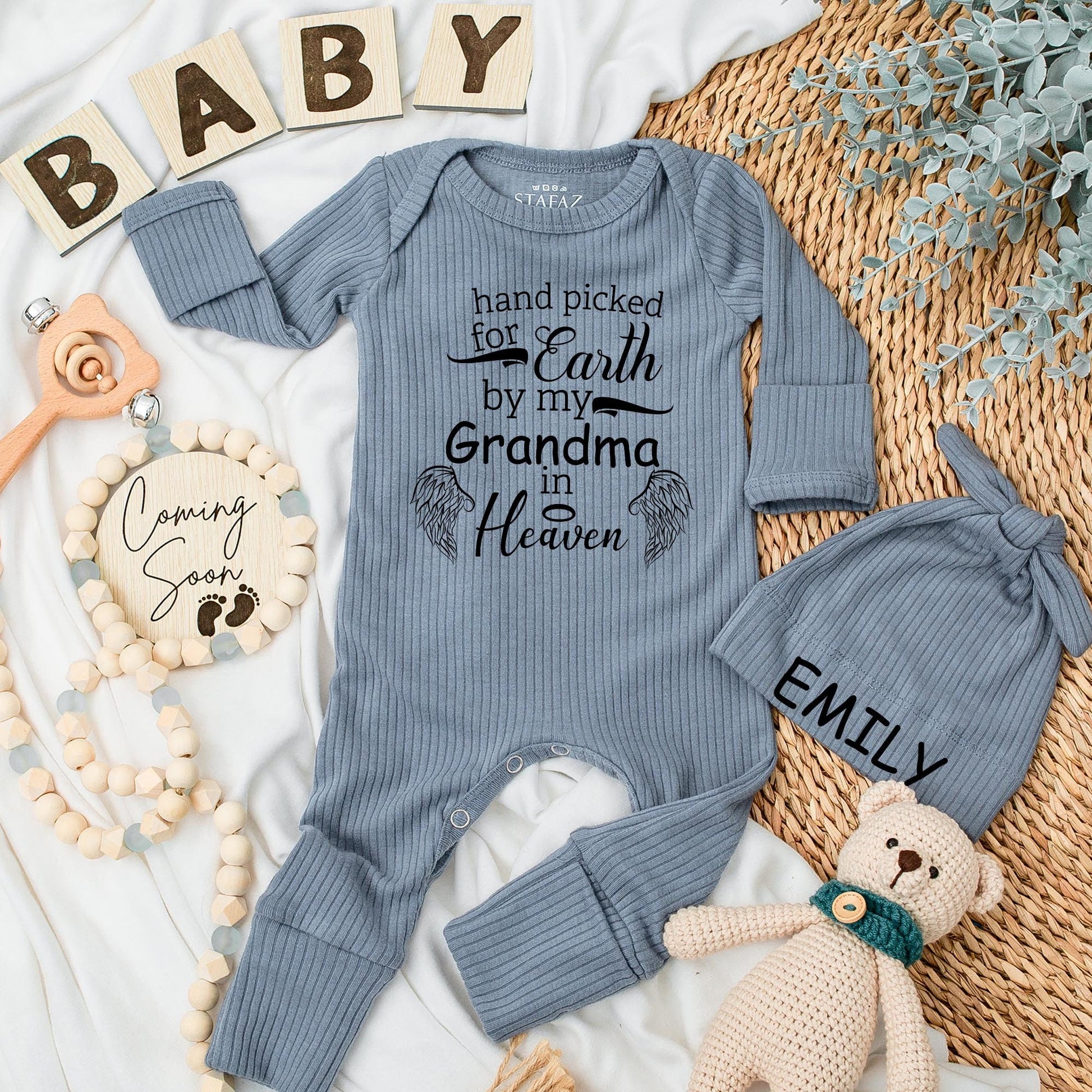 Sweet Sentimental Grandma in Heaven Hand Picked Baby Bodysuit Pregnancy Announcement Gift Newborn Baby Clothes Soft Cotton Angel Wings Design