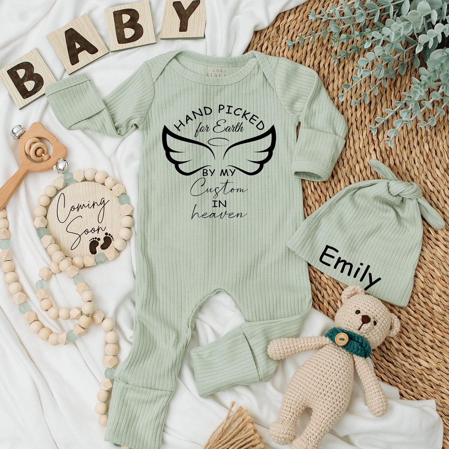 Hand Picked for Earth by Great Grandpa Grandma in Heaven Baby Bodysuit, Newborn Baby Shower Gift Pregnancy Announcement Reveal Soft Infant Clothes Angel Wings Halo Design