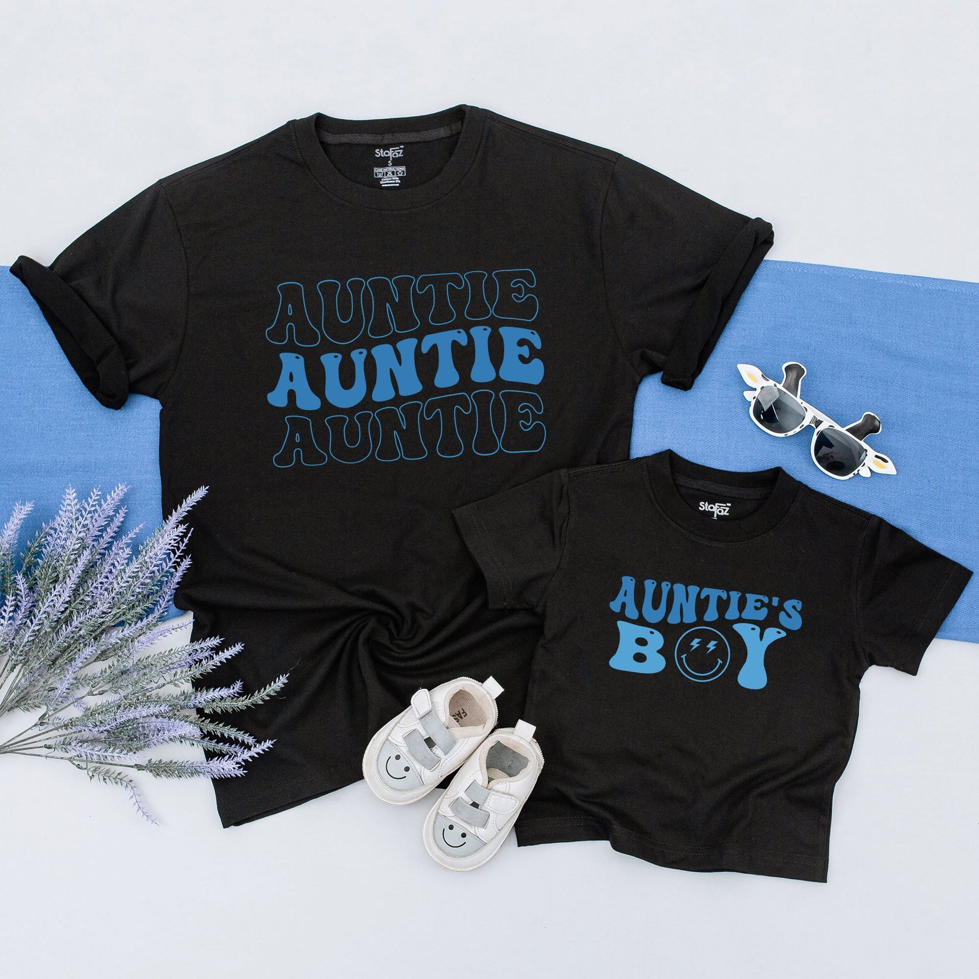 Personalized Matching Auntie and Auntie's Boy Shirts Blue Bubbly Retro Style Nephew Toddler Gift Outfit with Playful Smiley Lightning Design