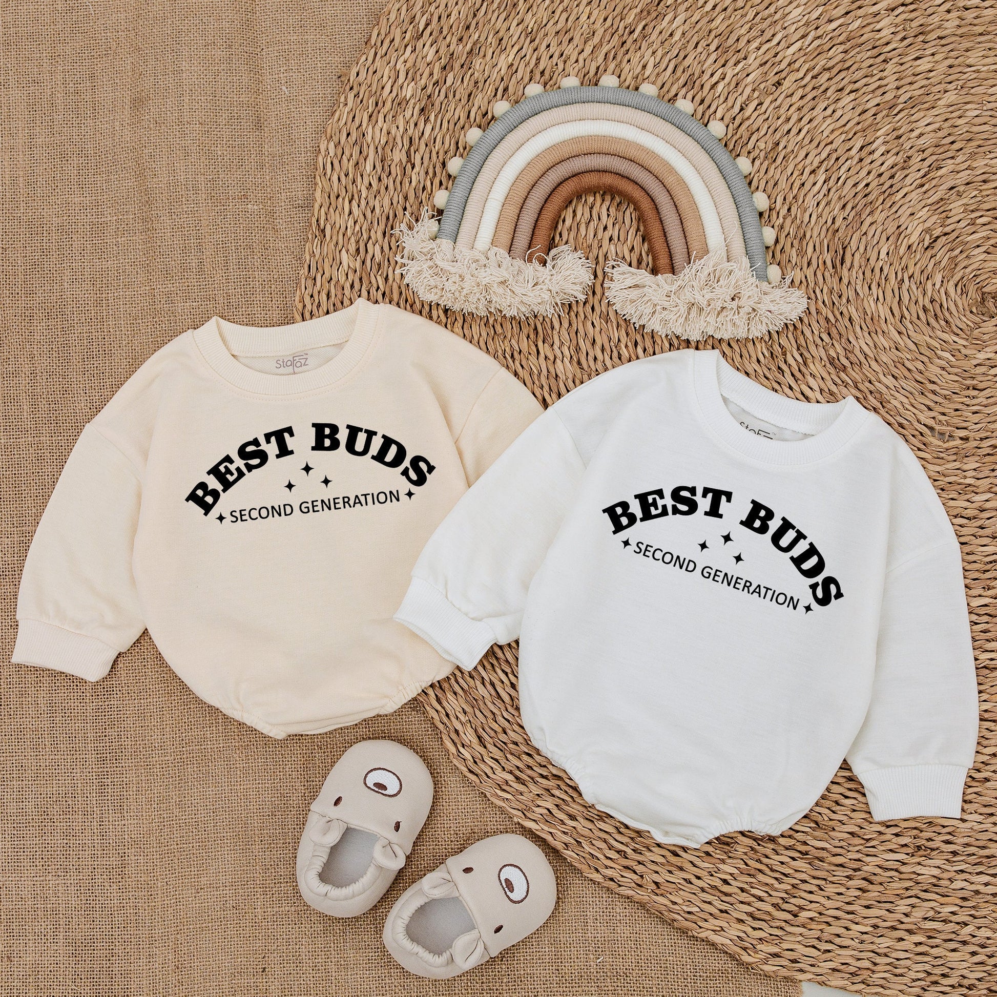 Best Buds Second Generation Romper Baby Matching Outfit Black Text Star Design Baby Girl Gift Newborn Announcement