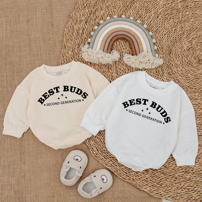 Best Buds Second Generation Romper Baby Matching Outfit Black Text Star Design Baby Girl Gift Newborn Announcement
