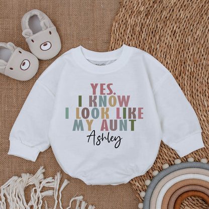 Custom Auntie Baby Romper "I Look Like My Aunt" Modern Playful Text Ashley Pink Green Teal Newborn Infant Gift Pregnancy Announcement Clothes