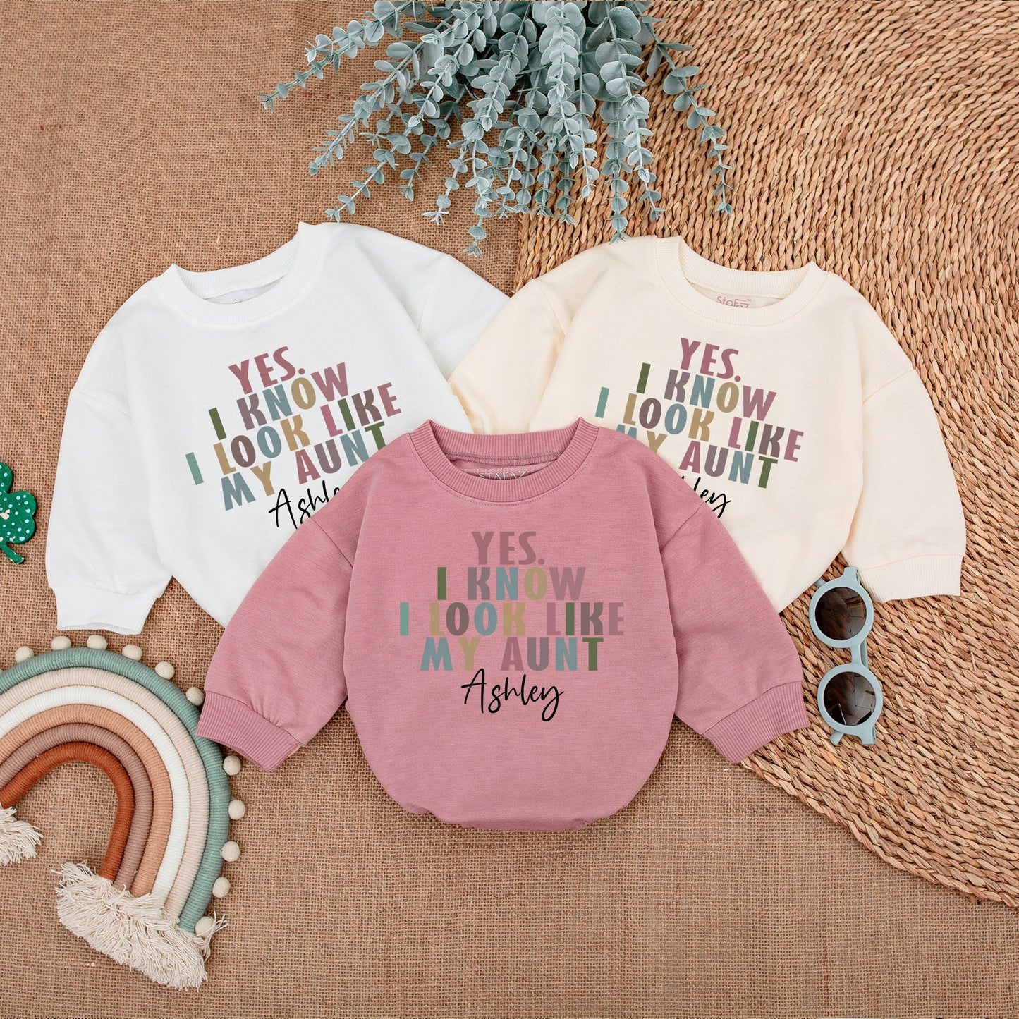 Custom Auntie Baby Romper "I Look Like My Aunt" Modern Playful Text Ashley Pink Green Teal Newborn Infant Gift Pregnancy Announcement Clothes