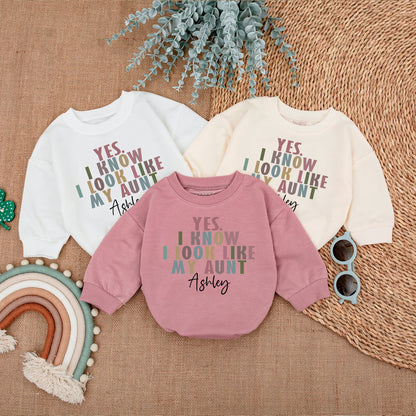 Custom Auntie Baby Romper "I Look Like My Aunt" Modern Playful Text Ashley Pink Green Teal Newborn Infant Gift Pregnancy Announcement Clothes