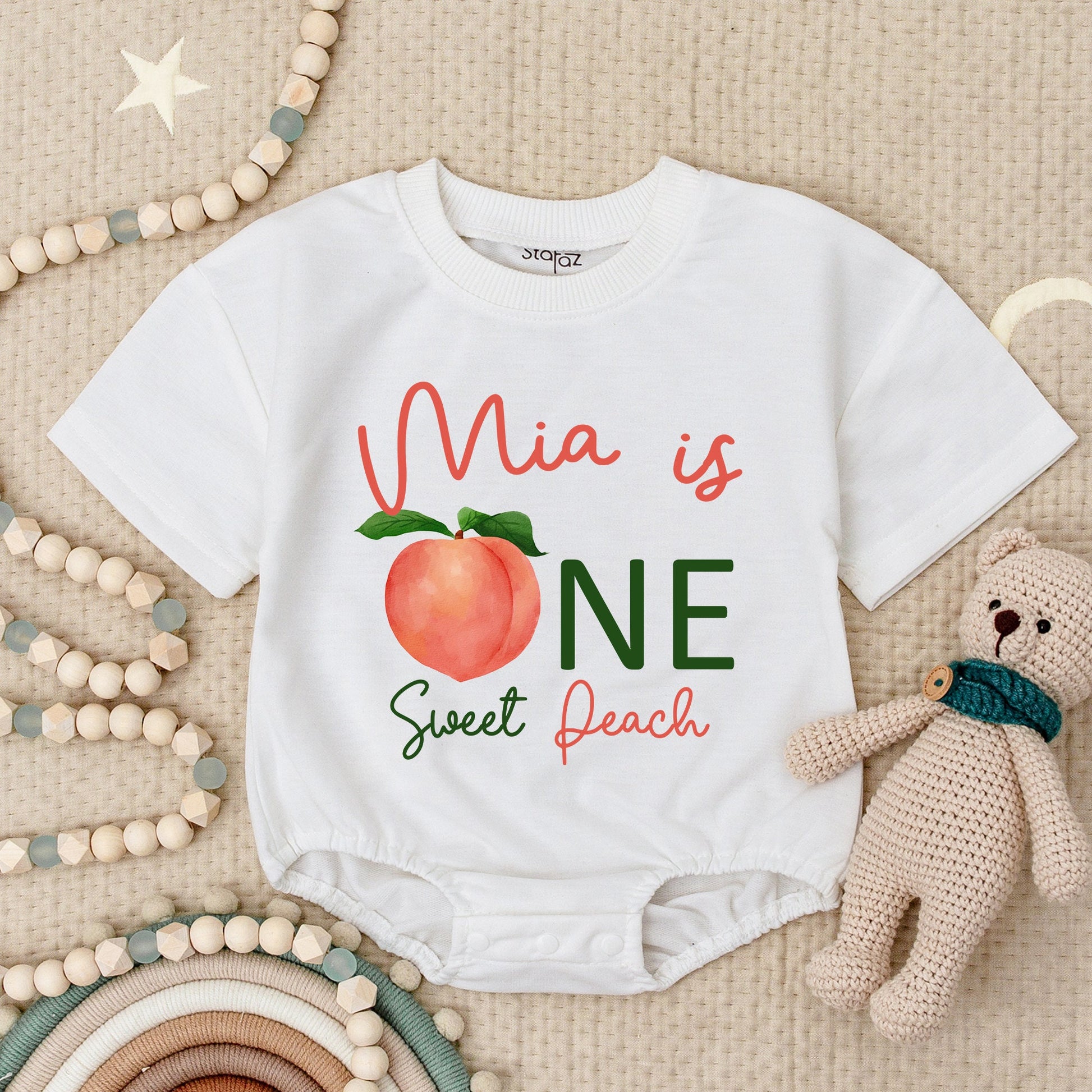 Mia is ONE Sweet Peach Baby Romper Cute Peach 1st Birthday Outfit Girl Peach Baby Shower Gift Toddler Girl Clothes
