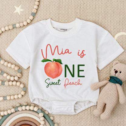 Mia is ONE Sweet Peach Baby Romper Cute Peach 1st Birthday Outfit Girl Peach Baby Shower Gift Toddler Girl Clothes