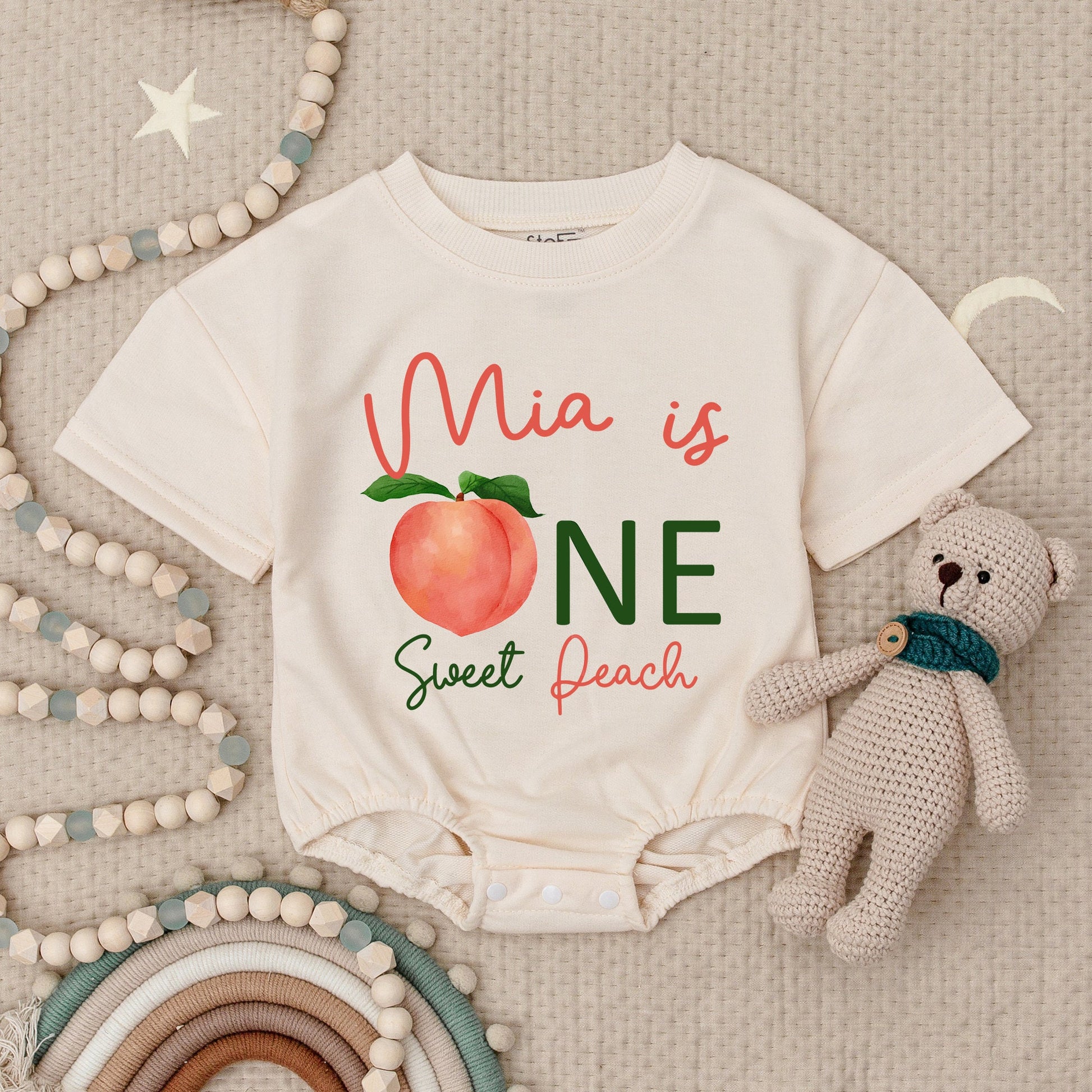 Mia is ONE Sweet Peach Baby Romper Cute Peach 1st Birthday Outfit Girl Peach Baby Shower Gift Toddler Girl Clothes