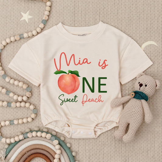 Mia is ONE Sweet Peach Baby Romper Cute Peach 1st Birthday Outfit Girl Peach Baby Shower Gift Toddler Girl Clothes