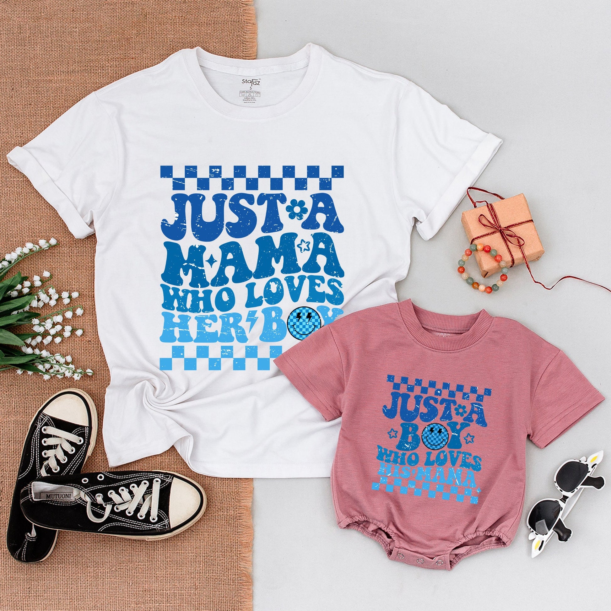 Mama and Son Matching Retro Blue Checkerboard Shirts Mamas Boy Outfits First Mother Day Baby Bodysuit Playful Distressed Star Flower