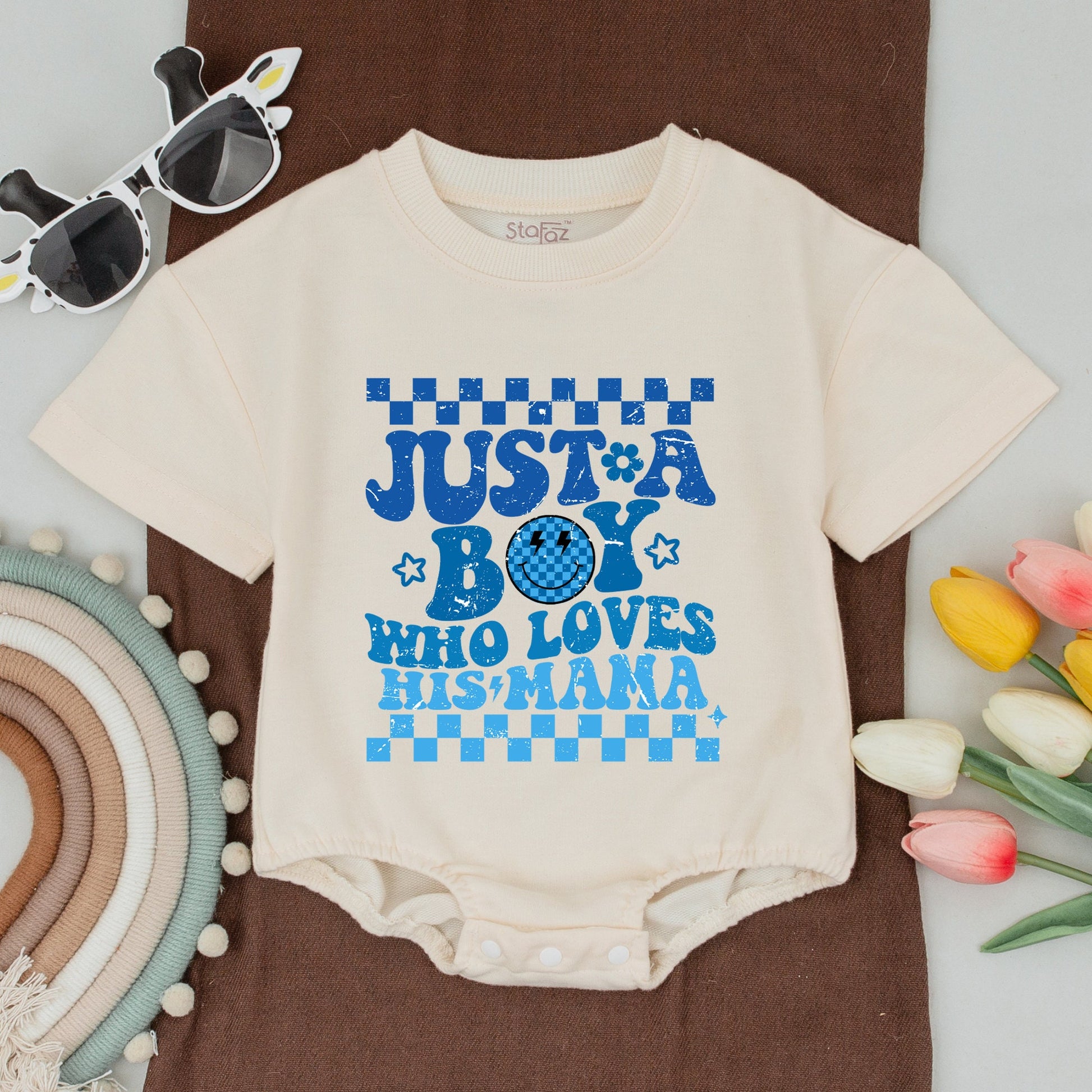 Mama and Son Matching Retro Blue Checkerboard Shirts Mamas Boy Outfits First Mother Day Baby Bodysuit Playful Distressed Star Flower