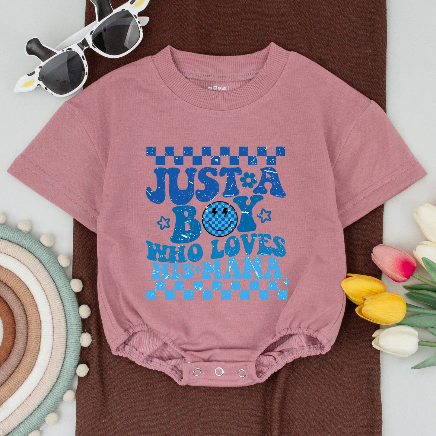 Mama and Son Matching Retro Blue Checkerboard Shirts Mamas Boy Outfits First Mother Day Baby Bodysuit Playful Distressed Star Flower