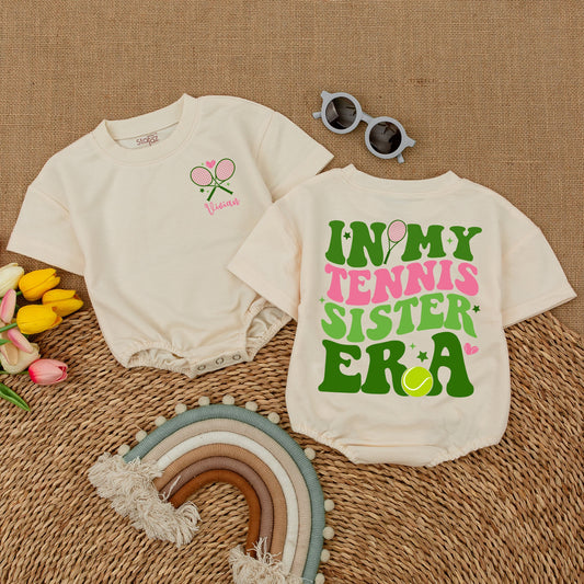 Custom Tennis Sister Romper Baby Girls Toddler T-Shirt Big Sister Era Bodysuit Toddler Girl Outfit Tennis Announcement