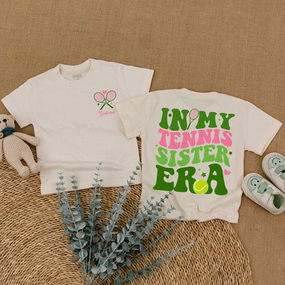 Custom Tennis Sister Romper Baby Girls Toddler T-Shirt Big Sister Era Bodysuit Toddler Girl Outfit Tennis Announcement