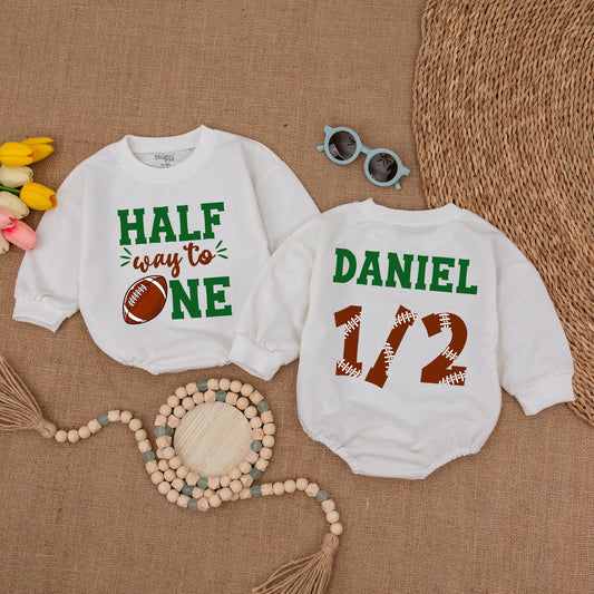 Half Way To One Football Romper, 6 Month Bodysuit, Game Day Birthday Outfit, Baby Boy Clothes, Future All Star Celebration, Soft Cotton (139 chars)
