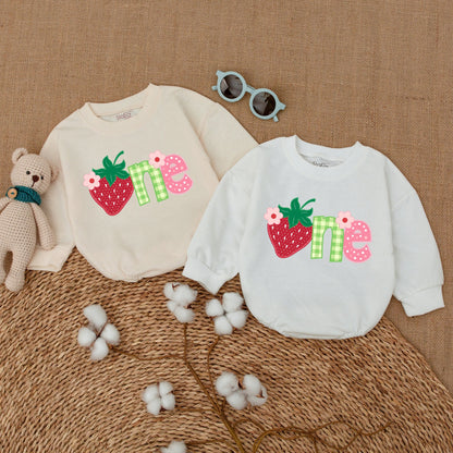 Baby Girl Sweet One Strawberry First Birthday Bubble Romper Smash Cake Outfit with Playful Berry Gingham Polka Dot Floral Design