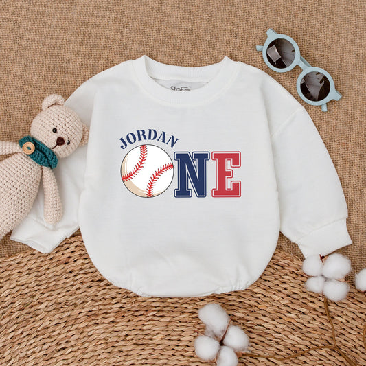 Jordan's 1st Birthday Baseball Romper Baby Boy Outfit Red Navy One Bodysuit Celebration Clothes