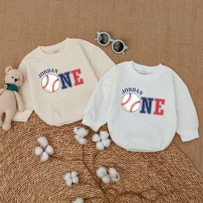 Jordan's 1st Birthday Baseball Romper Baby Boy Outfit Red Navy One Bodysuit Celebration Clothes