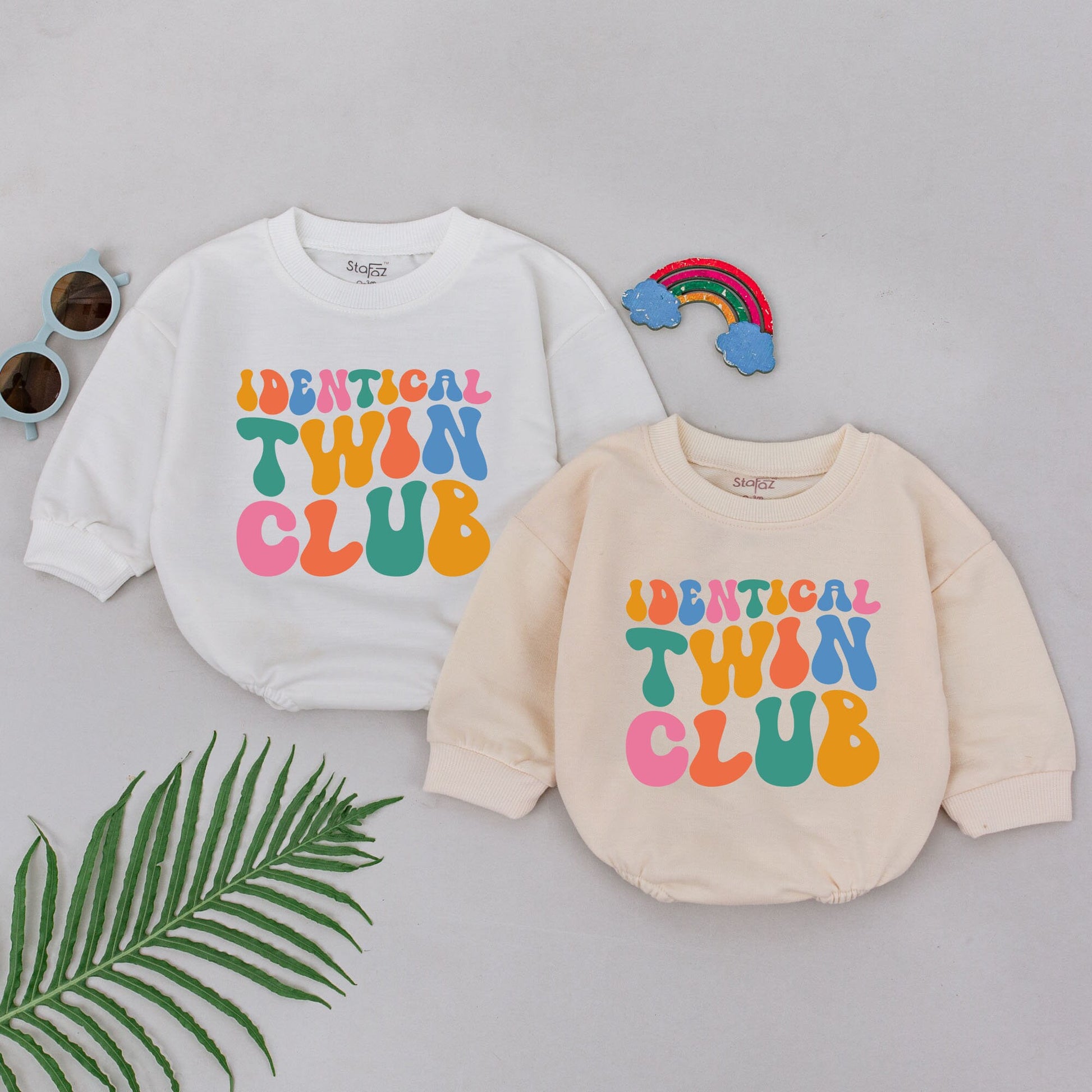 Identical Twin Club Romper Rainbow Retro Font Baby Bodysuit for Boys and Girls BFF Soulmate Outfit