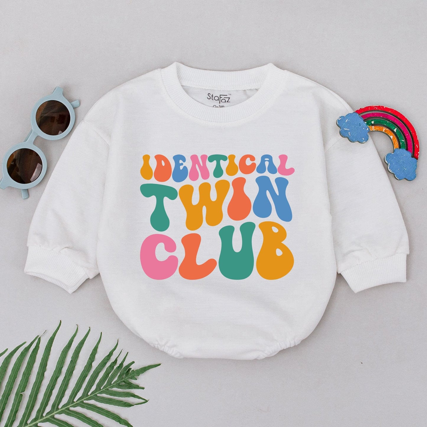 Identical Twin Club Romper Rainbow Retro Font Baby Bodysuit for Boys and Girls BFF Soulmate Outfit