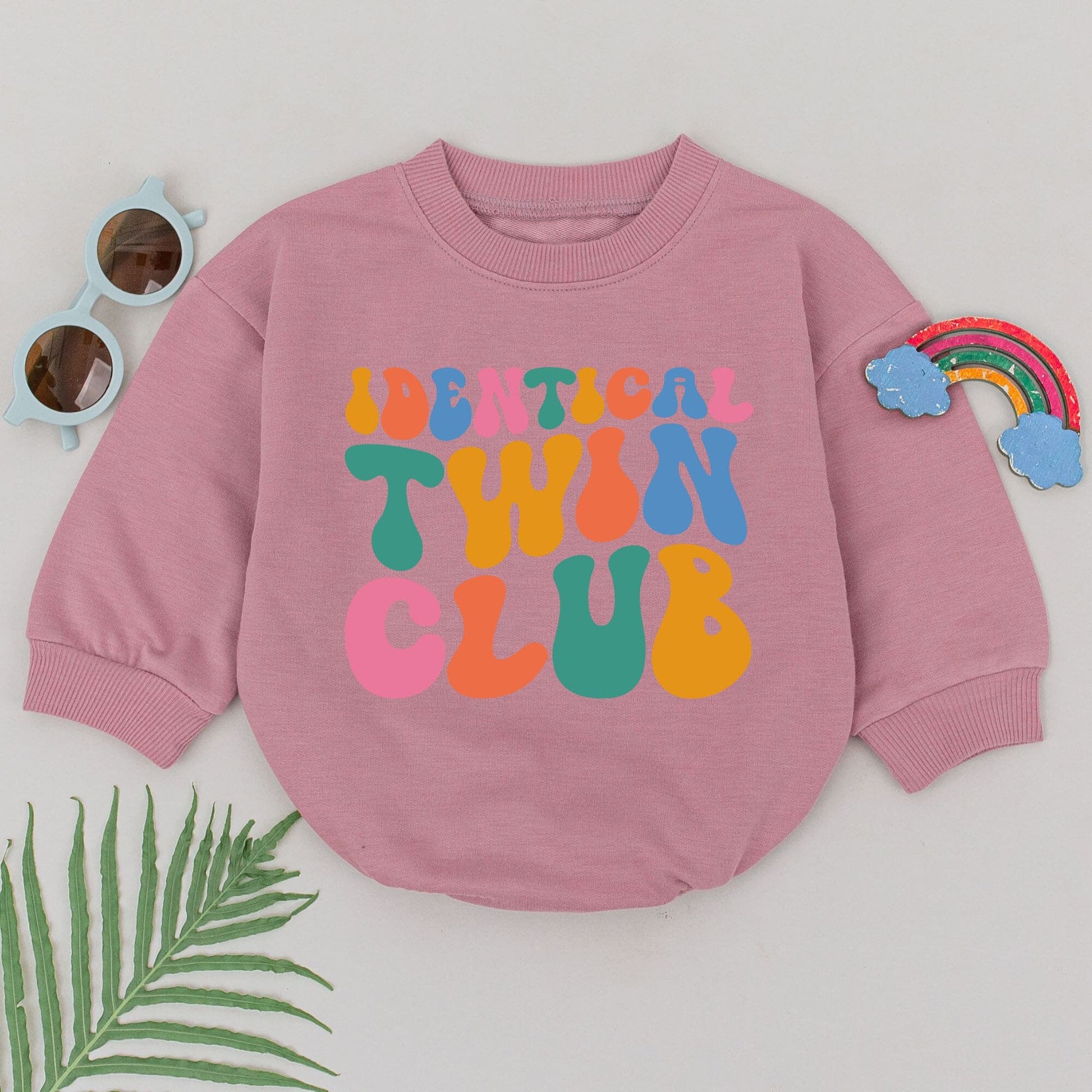 Identical Twin Club Romper Rainbow Retro Font Baby Bodysuit for Boys and Girls BFF Soulmate Outfit