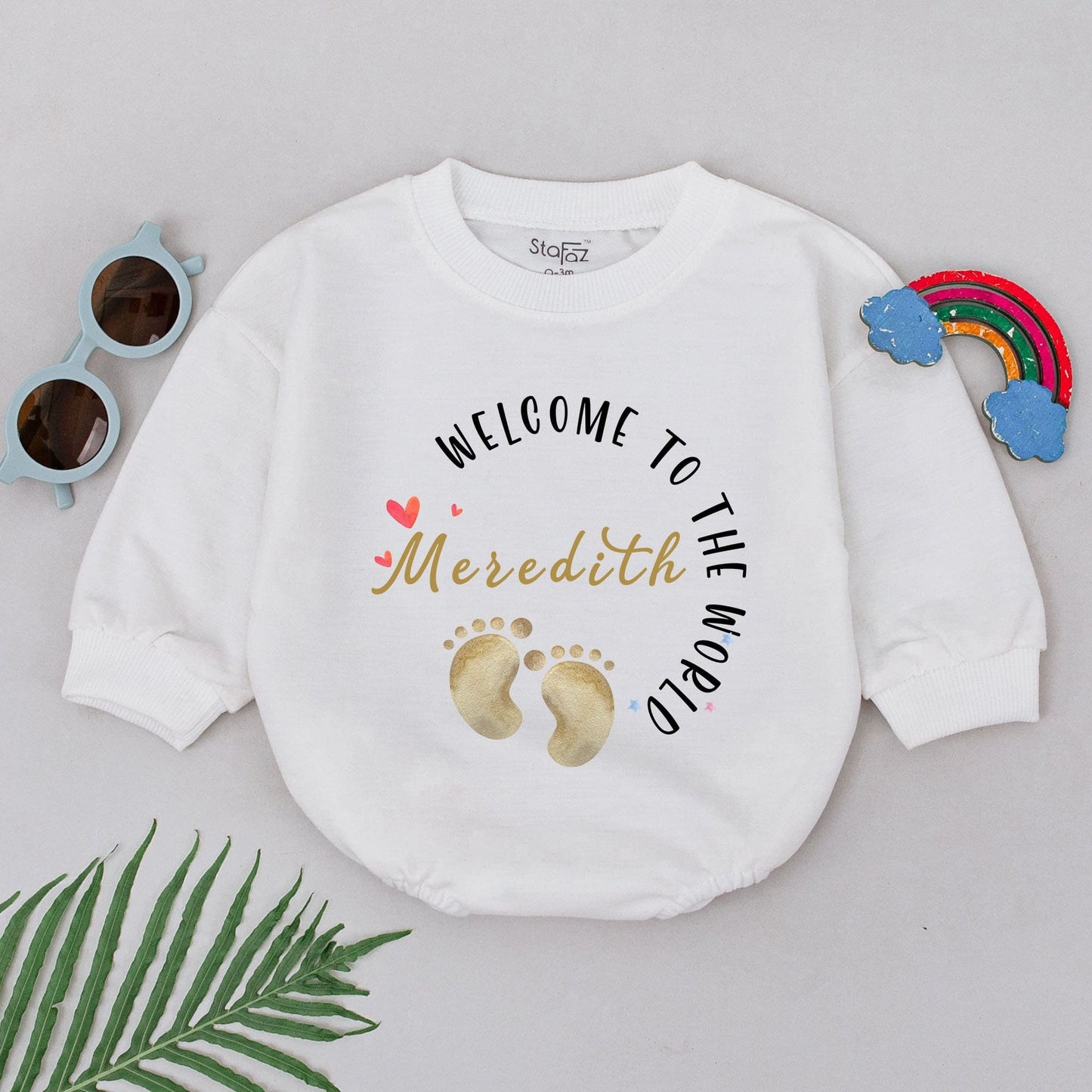 Welcome To The World Personalized Romper Meredith's Footprints Newborn Outfit Sweet Baby Girl Boy Shower Gift Take Home Outfit Custom Bodysuit 134