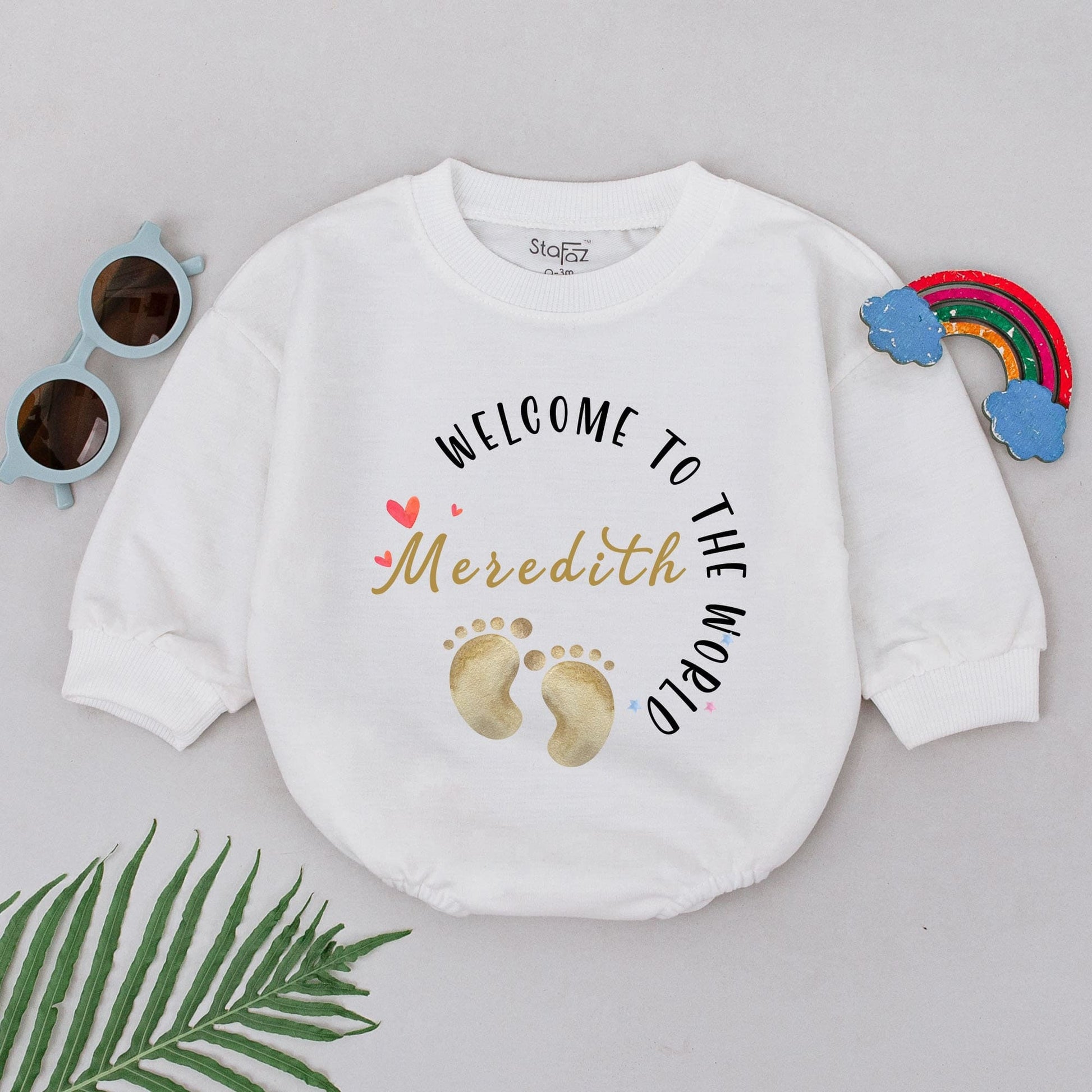 Welcome To The World Personalized Romper Meredith's Footprints Newborn Outfit Sweet Baby Girl Boy Shower Gift Take Home Outfit Custom Bodysuit 134