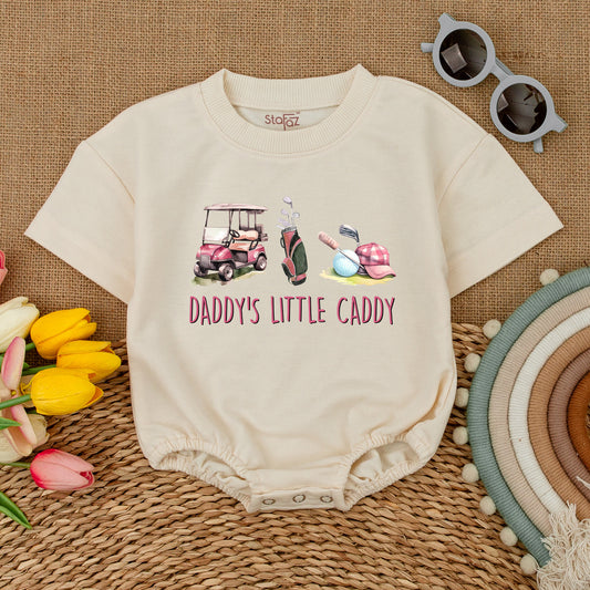 Daddy's Little Caddy Golf Romper: Cute Pink Cart & Clubs Baby Bodysuit for Future Golfer Girl, Baby Shower Gift, Comfy Short Sleeve Outfit (139 chars)