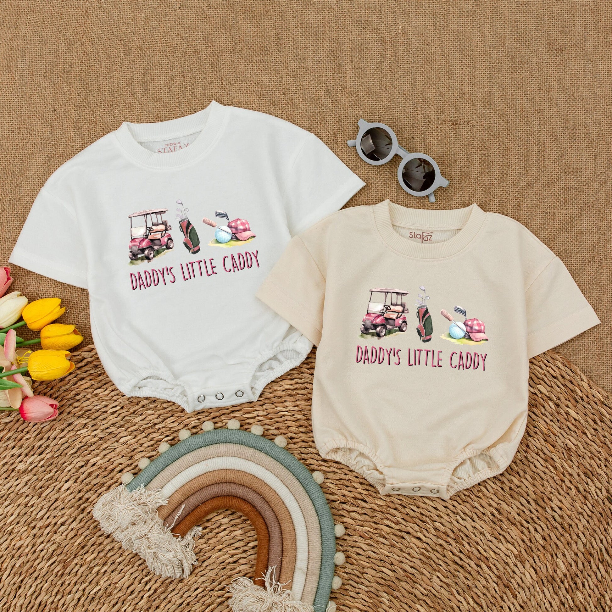 Daddy's Little Caddy Golf Romper: Cute Pink Cart & Clubs Baby Bodysuit for Future Golfer Girl, Baby Shower Gift, Comfy Short Sleeve Outfit (139 chars)