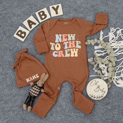 Custom New to the Crew Bodysuit & Hat Set Retro Multi-Color Graphic Baby Romper Outfit Newborn Gift