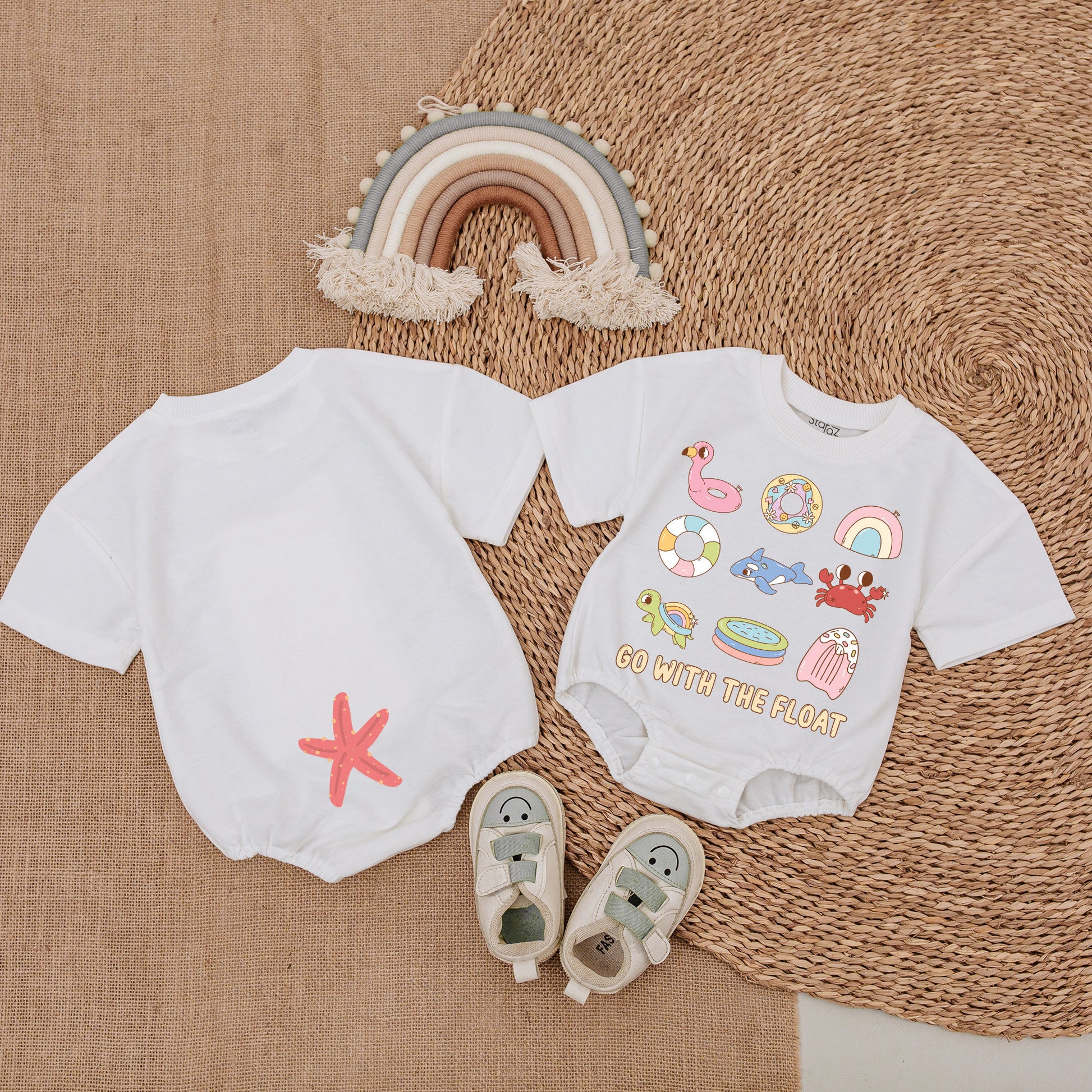 Whimsical Summer Beach Baby Girl Bubble Romper with Playful Designs Flamingo Donut Rainbow Whale Crab Turtle Popsicle GO WITH THE FLOAT Starfish Outfit New Baby Shower Gift
