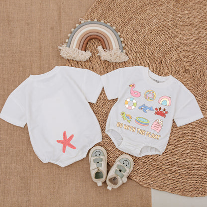 Whimsical Summer Beach Baby Girl Bubble Romper with Playful Designs Flamingo Donut Rainbow Whale Crab Turtle Popsicle GO WITH THE FLOAT Starfish Outfit New Baby Shower Gift