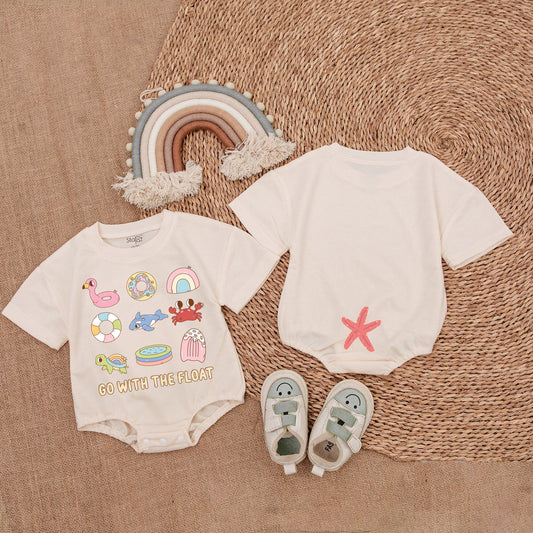 Whimsical Summer Beach Baby Girl Bubble Romper with Playful Designs Flamingo Donut Rainbow Whale Crab Turtle Popsicle GO WITH THE FLOAT Starfish Outfit New Baby Shower Gift