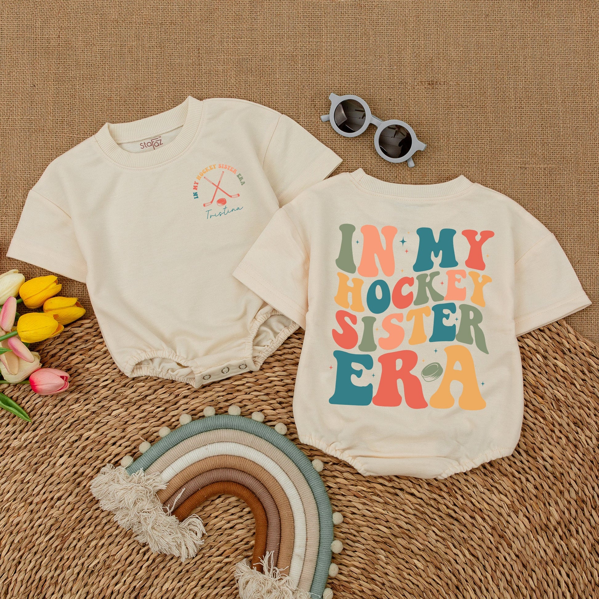 In My Hockey Sister Era Custom Romper for Baby Girl & Toddler Shirt, Hockey Sticks & Puck Design, Comfy Cotton Outfit, Baby Shower Gift